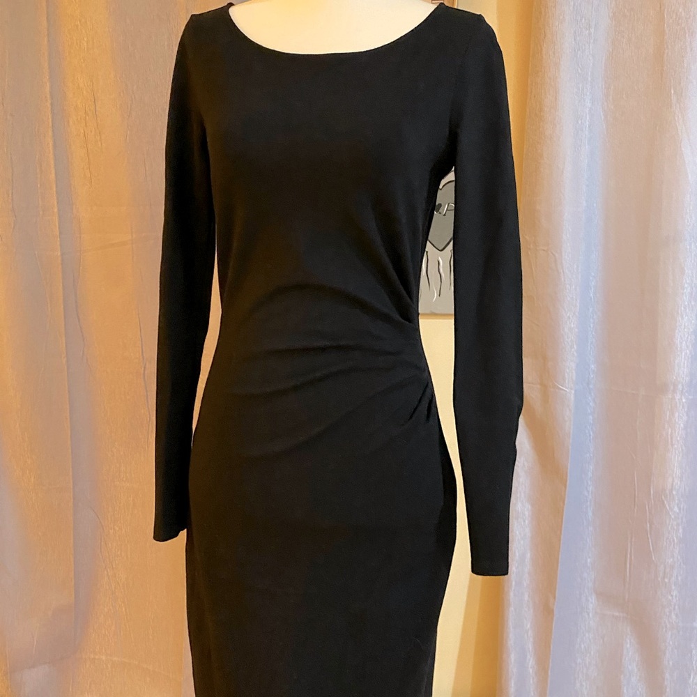 Black, long sleep, cover the knees length, pencil type skirt part
